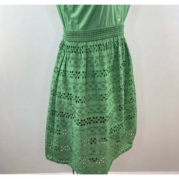 Anthropologie WOLVEN Green Sleeveless Button-Down Eyelet Cotton Sheath Dress 6 - Picture 5 of 9
